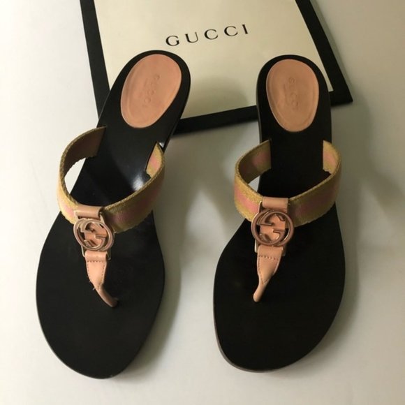 Gucci Shoes | Gucci Logo Thong Kitten Heel Sandals Pink Brown | Poshmark